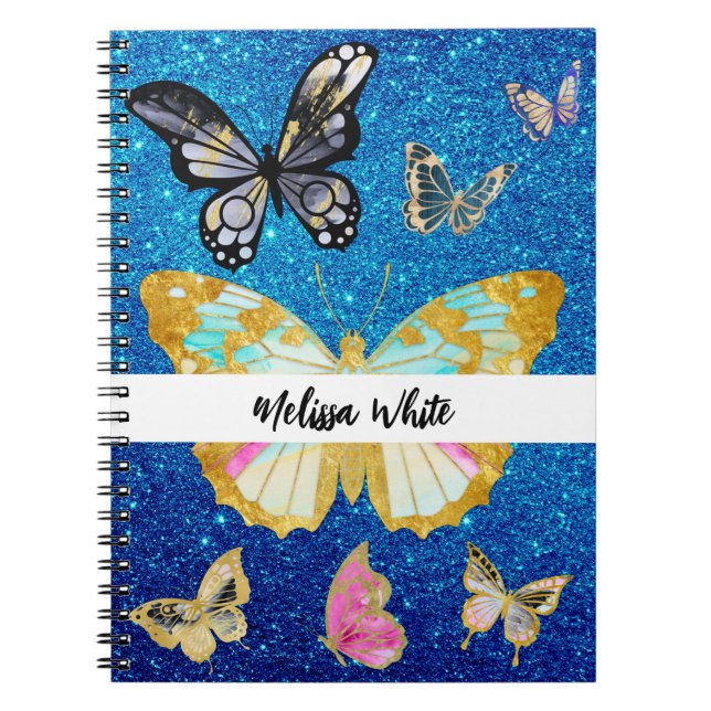 Personalised Blue Glitter Butterfly Notebook (Front)