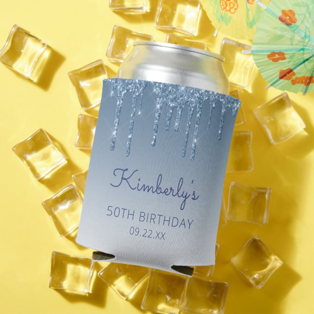 Personalised Blue Glitter Drip 50th Birthday Can Cooler (In Situ Summer)