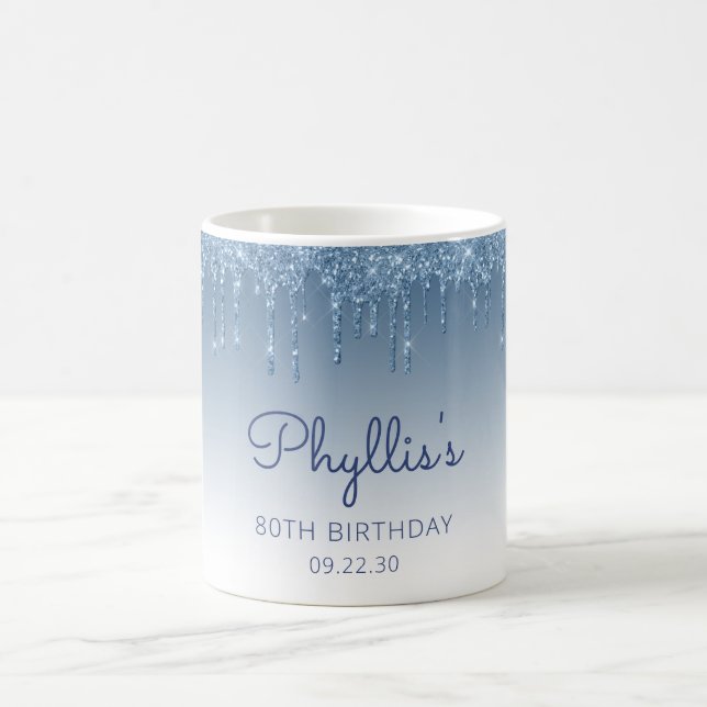Personalised Blue Glitter Drip 80th Birthday Coffee Mug (Center)