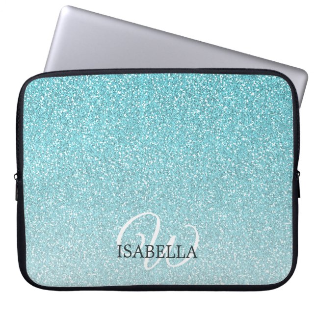 Personalised Blue Glitter Ombre Name Monogram Laptop Sleeve (Front)