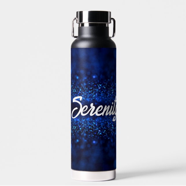 Personalised Blue Glitter on black Water Bottle (Front)