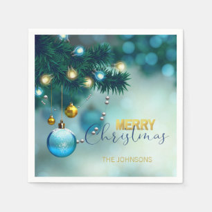 Personalised Blue Gold Baubles Tree CHRISTMAS Napkin