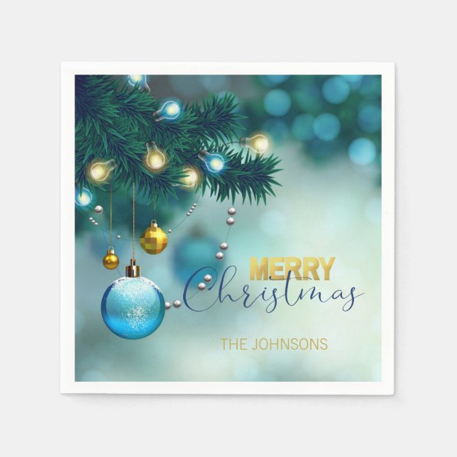 Personalised Blue Gold Baubles Tree CHRISTMAS Napkin (Front)