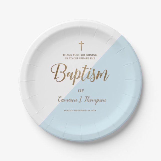 Personalised Blue Gold Cross Baby Baptism Paper Plate (Front)