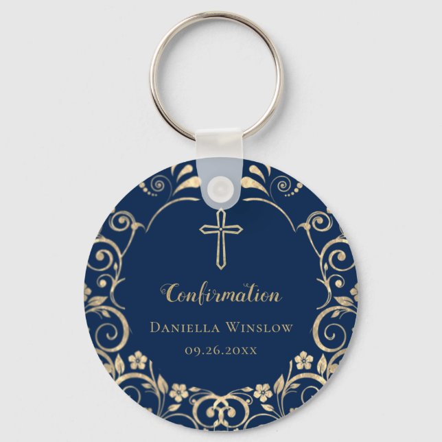 Personalised  Blue Gold Cross Confirmation Key Ring (Front)