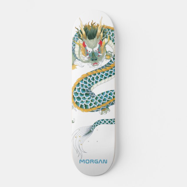 Personalised Blue Gold Dragon Skateboard (Front)