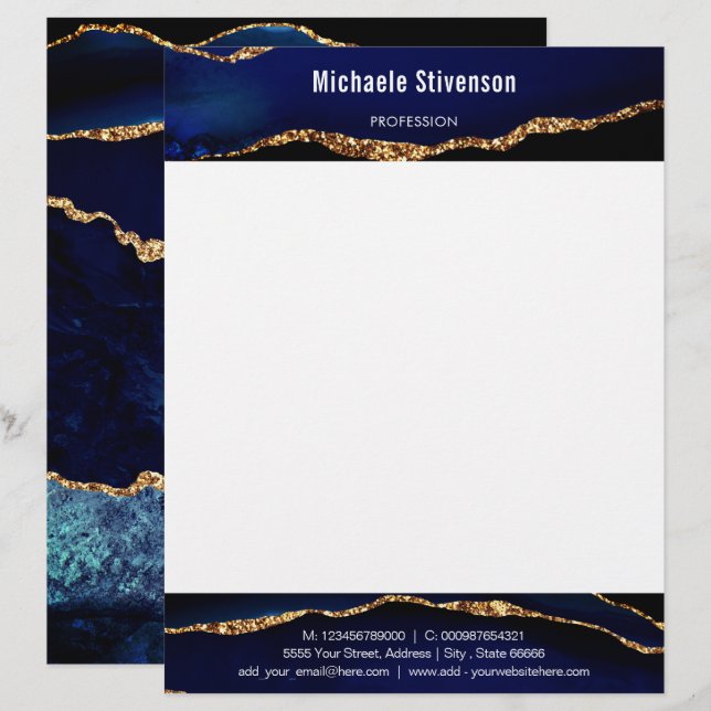 Personalised Blue Gold Glitter Letterhead Example (Front/Back)