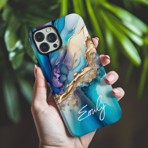 Personalised Blue Gold Marble Calligraphy Name iPhone 16 Pro Max Case