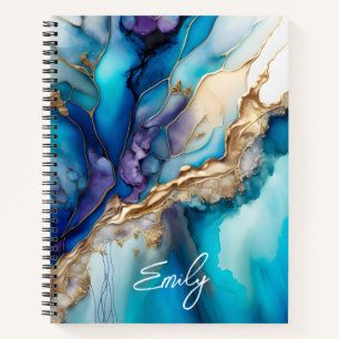 Personalised Blue Gold Marble Script Name Notebook