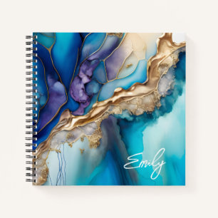 Personalised Blue Gold Marble Script Name Notebook