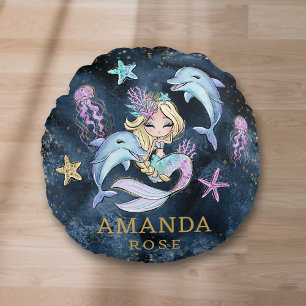 Personalised Blue Gold Mermaid Girl Room Round Cushion