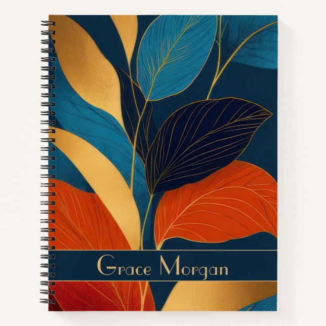 Personalised Blue & Gold Tropical Leaves Notebook (Front)