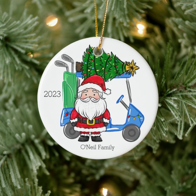Personalised Blue Golf Cart Santa Christmas Tree Ceramic Ornament (Tree)