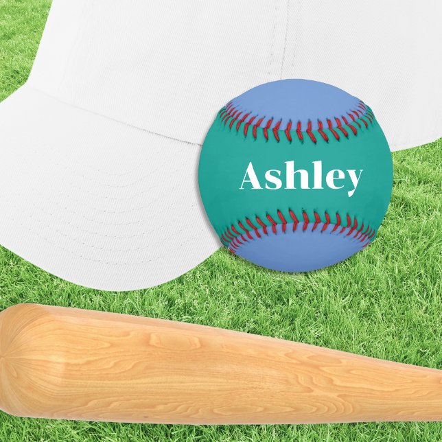 Personalised Blue Green Cool Sport Player Gift Baseball (A personalized baseball ball, in blue and green with your chosen name in white. Ideal sports gift.)