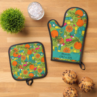 Personalised Blue & Green Orange Pharmacy Apron Oven Mitt & Pot Holder Set