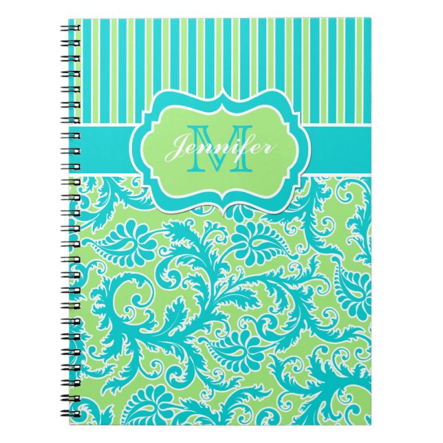 Personalised Blue Green White Striped Notebook (Front)