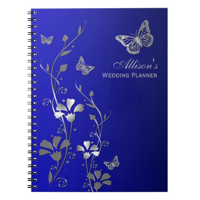 Personalised Blue, Grey Butterfly Floral Notebook (Front)