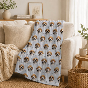 Personalised Blue Grey Dog Photo Paw Pattern Fleece Blanket