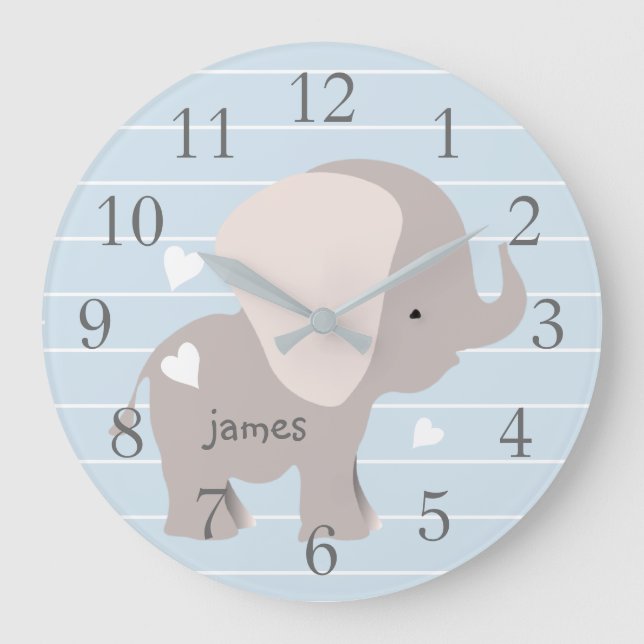 Personalised Blue Grey Elephant Nursery Wall Clock (Front)