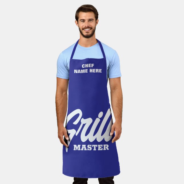 Personalised blue Grill Master BBQ apron for men (Worn)