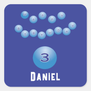 Personalised Blue Happy Birthday Boy Age 3 Square Sticker