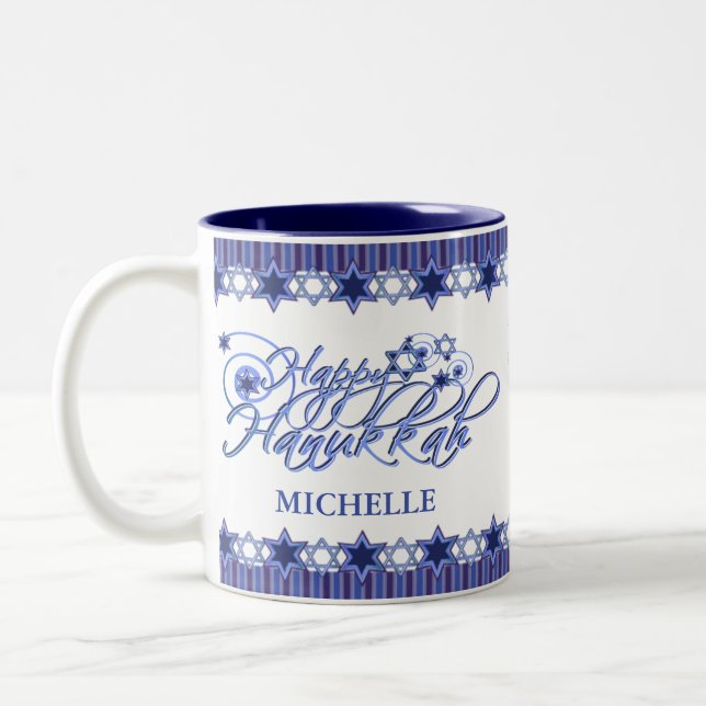 Personalised Blue Happy Hanukkah Star Two-Tone Coffee Mug (Left)
