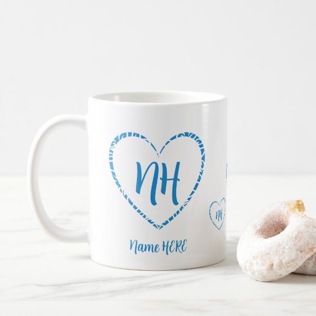 Personalised Blue Heart Charms, Monogram & Name Coffee Mug (With Donut)