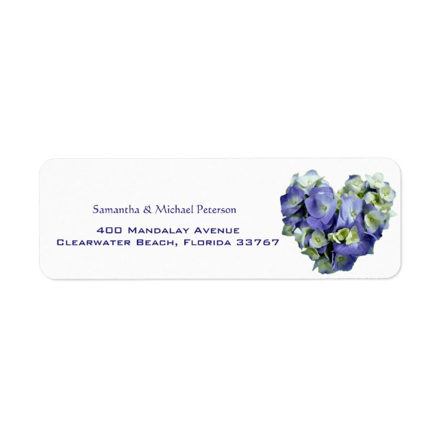 Personalised Blue Heart-shaped Hydrangea Wedding Return Address Label (Front)