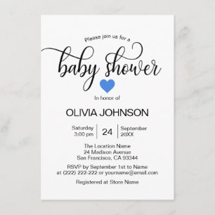 Personalised Blue Heart White Boy Baby Shower Invitation