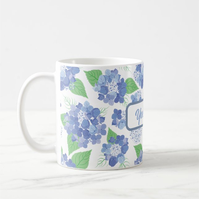 Personalised Blue Hydrangea Blooms Coffee Mug (Left)