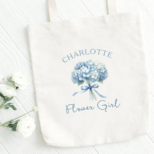 Personalised Blue Hydrangea Bow Floral Flower Girl Tote Bag