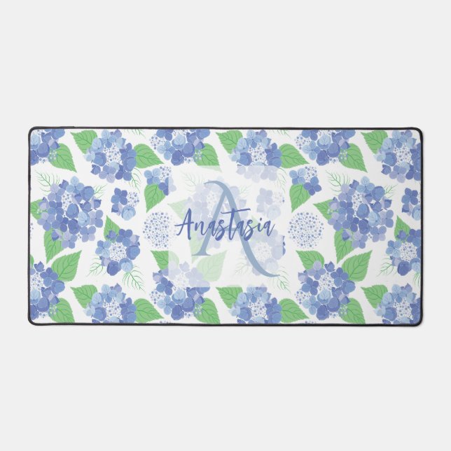 Personalised Blue Hydrangea Floral Desk Mat (Front)
