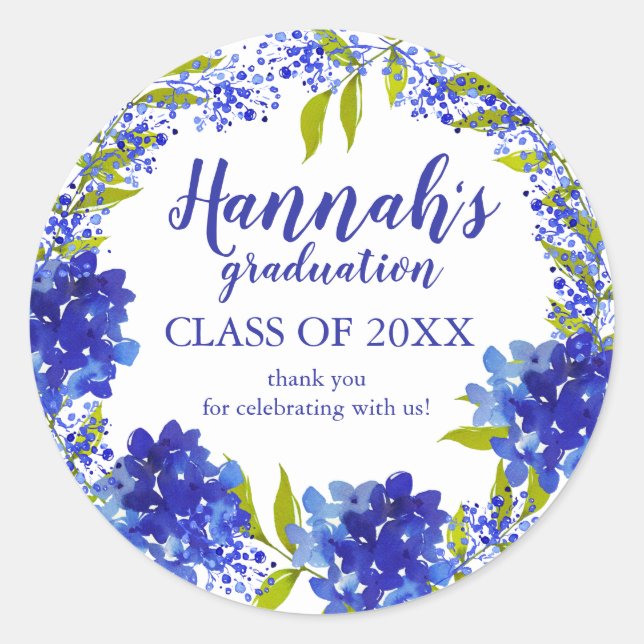 Personalised Blue Hydrangea Thank You Graduation Classic Round Sticker (Front)