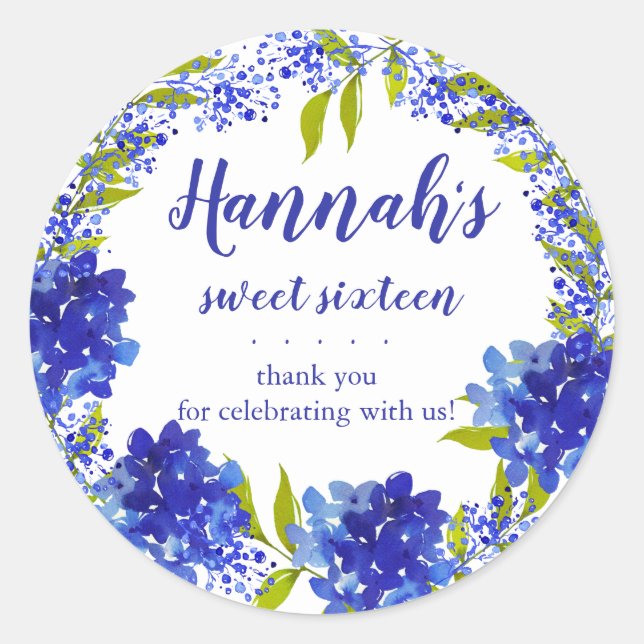 Personalised Blue Hydrangea Thank You Sweet Sixtee Classic Round Sticker (Front)