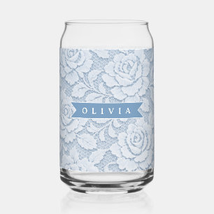 Personalised Blue Lace Floral Elegant Romantic Can Glass