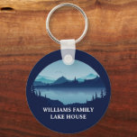 Personalised Blue Lake House Vacation Home Key Ring<br><div class="desc">This cool custom lake house keychain features a serene blue river surrounded by trees and your personalised text for a family reunion,  camping trip,  or summer vacation. Customise with your last name or other group name.</div>