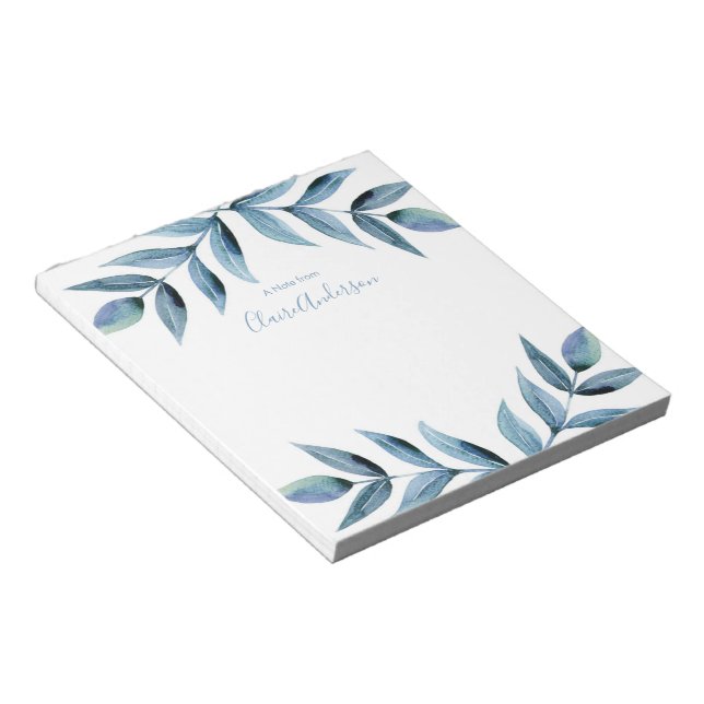Personalised blue leaves watercolor Notepad (Angled)