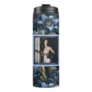 Personalised Blue Lilies Charm Happy Birthday Thermal Tumbler