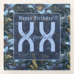 Personalised Blue Lilies Inspired Women Birthday Glass Coaster