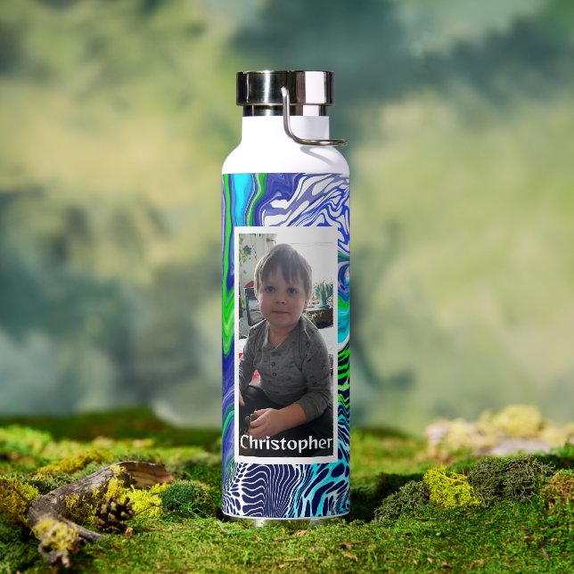 Personalised Blue Lime Green Digital Pour Paint  Water Bottle (Outdoor)