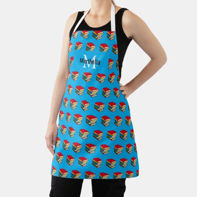 Personalised Blue Love Reading Books Monogram Apron (Insitu)
