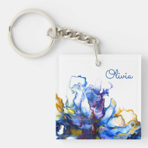 Personalised Blue Marble Agate Fluid Art Name Key Ring