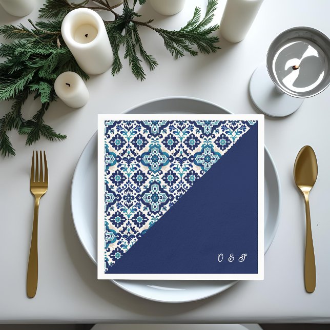 Personalised Blue Mediterranean Tile Wedding Napkin (Creator Uploaded)