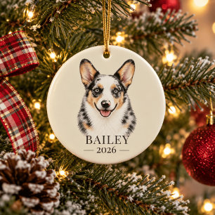Personalised Blue Merle Corgi Name & Year Ceramic Ornament
