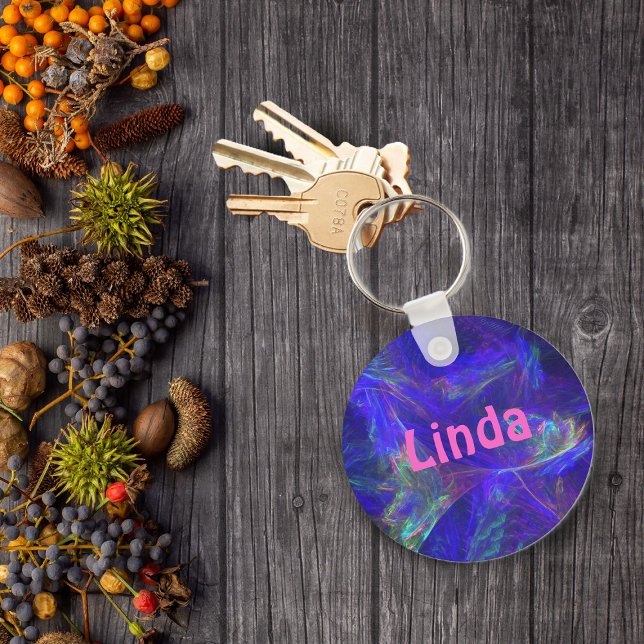 Personalised Blue Mist Abstract Keychain (Abstract swirls of bright vibrant colours in pink, green on deep blue keychain.)
