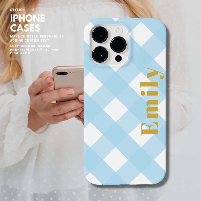 Personalised Blue Modern Check iPhone Case (Creator Uploaded)
