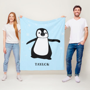Personalised Blue modern snowy cute baby penguin Fleece Blanket