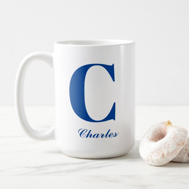 Personalised Blue Monogram Initial and Name  Coffee Mug (With Donut)