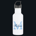 Personalised blue monogram wedding water bottles<br><div class="desc">Personalised monogrammed wedding water bottles. Vintage name initial letter with stylish script calligraphy typography for name. Classy monogrammed design for rustic country chic bridal shower or elegant wedding reception party. Personalizable with name, quote or tittle. Make your own for bride to be and bride's entourage; junior brides maid, maid of...</div>