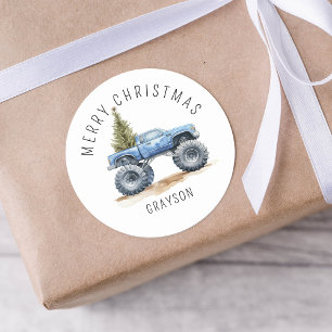 Personalised Blue Monster Truck Christmas Gift Classic Round Sticker